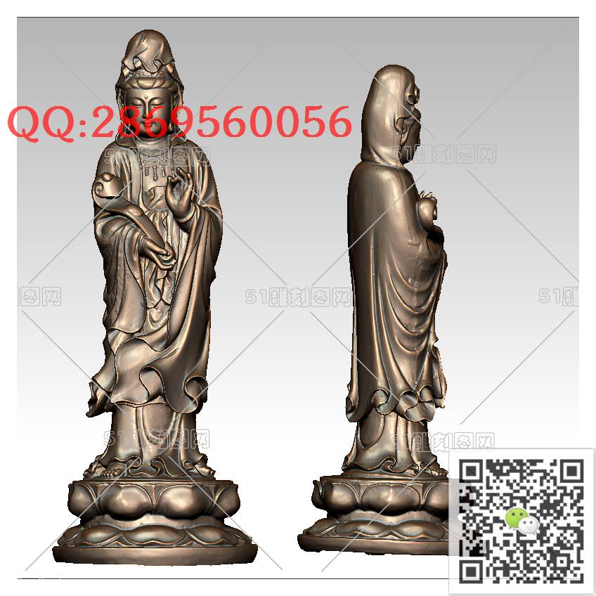 GY-009观音站莲手持如意_观音摆件观音坐像3d打印站立观音stl圆雕图扫描立体模型多轴数控电脑雕刻精雕图浮雕图