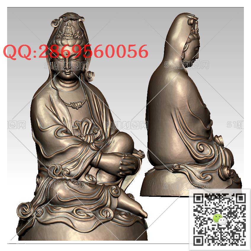 GY-034蹲坐观音_观音摆件观音坐像3d打印站立观音stl圆雕图扫描立体模型多轴数控电脑雕刻精雕图浮雕图