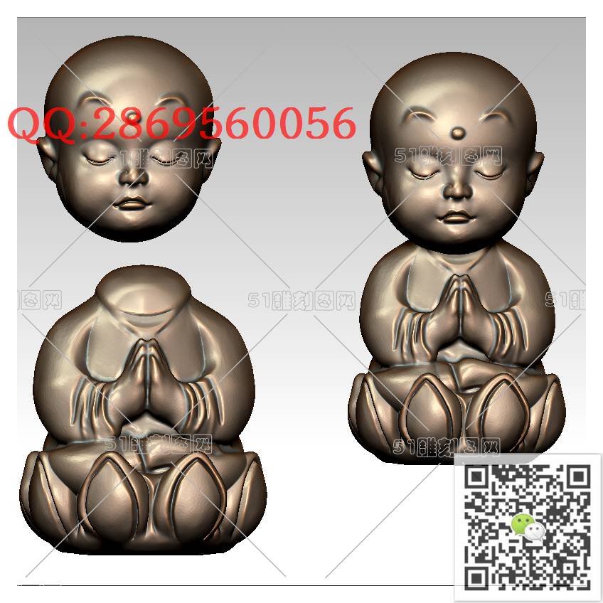 HD-165小和尚三通_橄榄核雕手串佛珠3d打印stl圆雕图扫描立体模型多轴数控电脑雕刻精雕图浮雕图