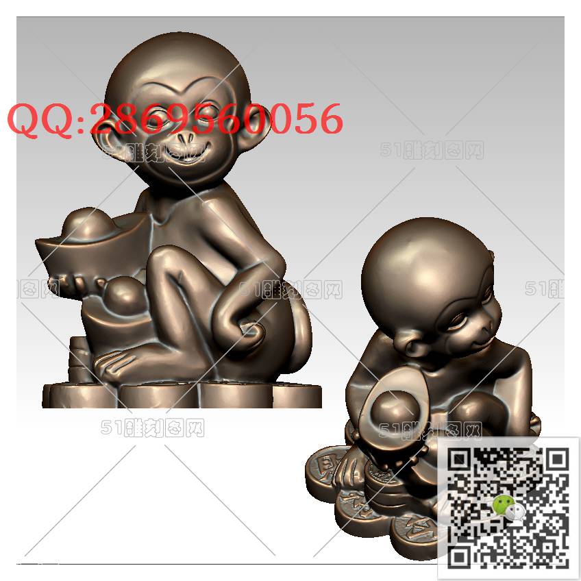LDB-011招财猴子摆件_猴子摆件立体动物摆件生肖猴圆雕图stl立体模型3d打印四轴数控雕刻精雕图浮雕图