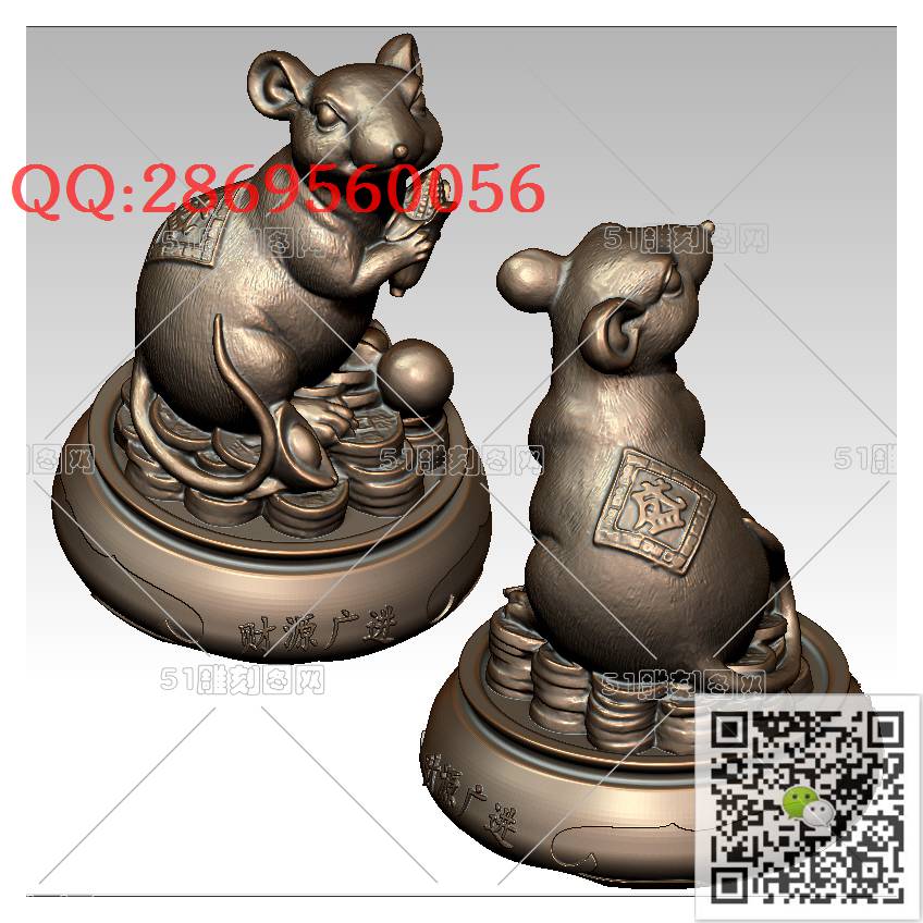 LDD-008财源广进老鼠摆件_老鼠摆件十二生肖鼠圆雕图stl立体模型3d打印四轴数控雕刻精雕图浮雕图