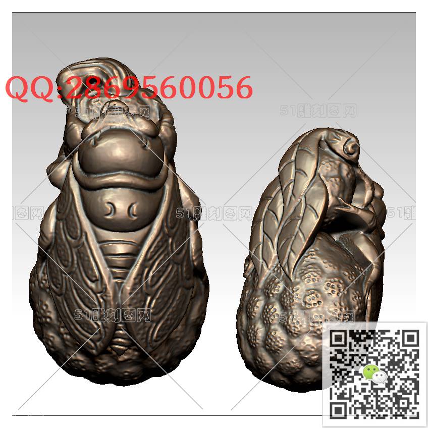 LDE-001金蝉手把件_知了竹子金蝉挂件知足常乐小脚丫圆雕图stl立体模型3d打印四轴数控雕刻精雕图浮雕图