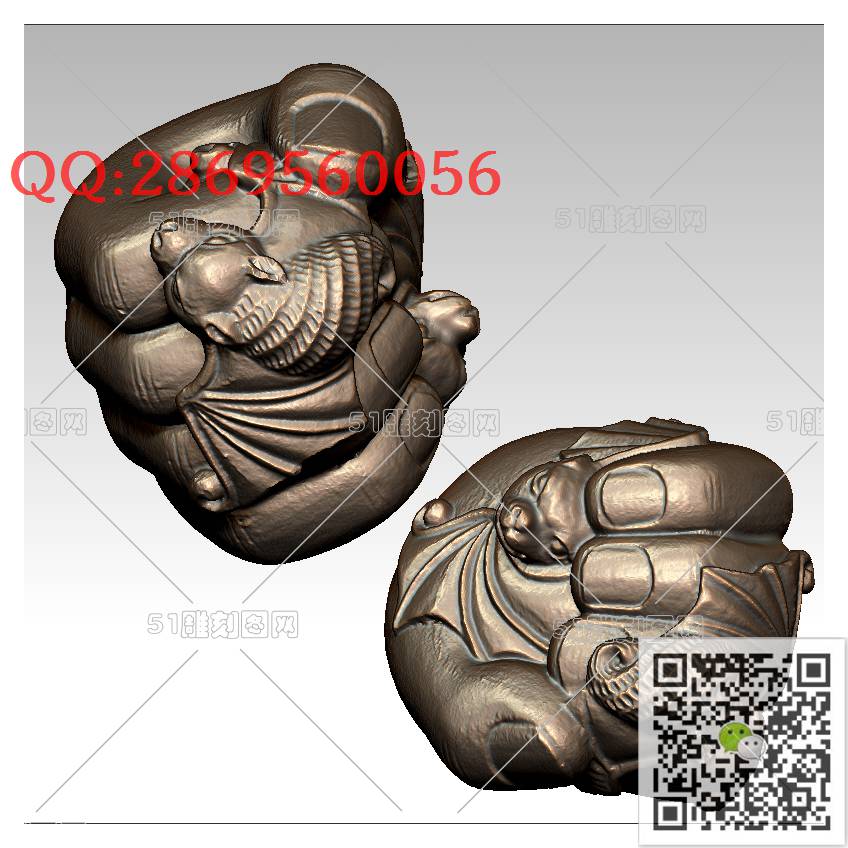 LDF-002福在手中蝙蝠手把件_蝙蝠圆雕图stl立体模型3d打印四轴数控雕刻精雕图浮雕图