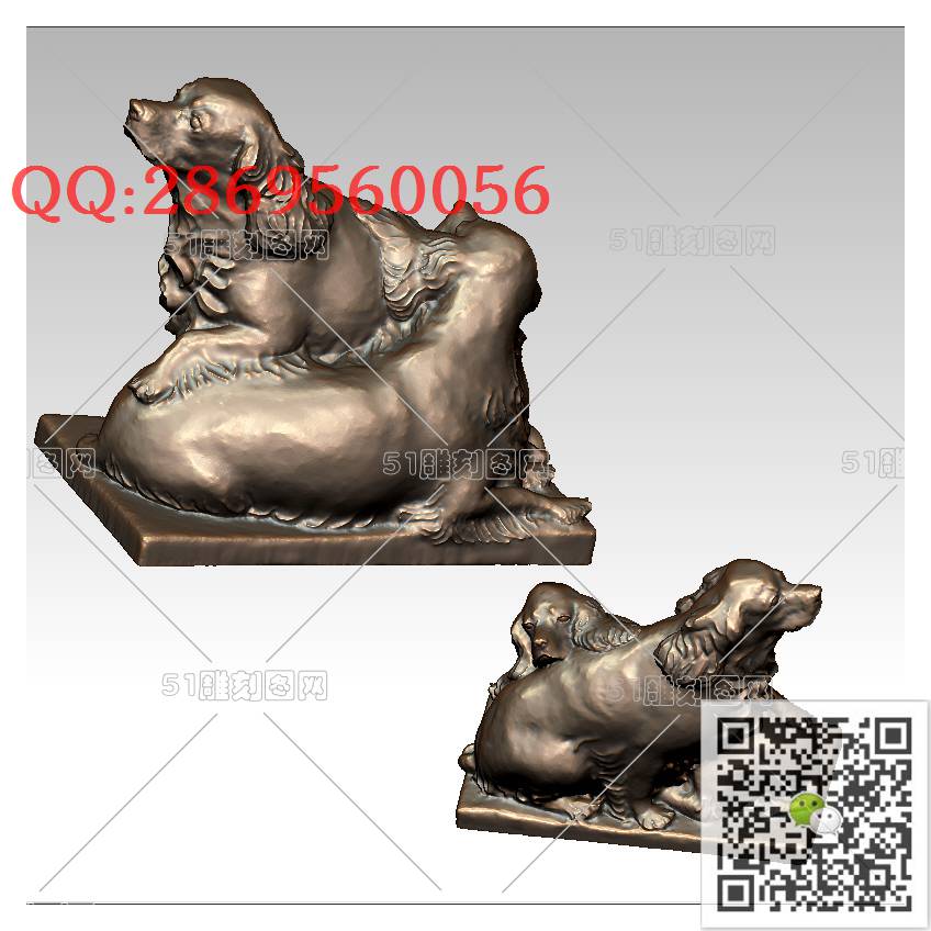 LDG-013双狗_生肖狗圆雕图stl立体模型3d打印四轴数控雕刻精雕图浮雕图