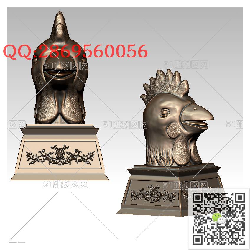 LDJ-004鸡头摆件_公鸡圆雕图stl立体模型3d打印四轴数控雕刻精雕图浮雕图