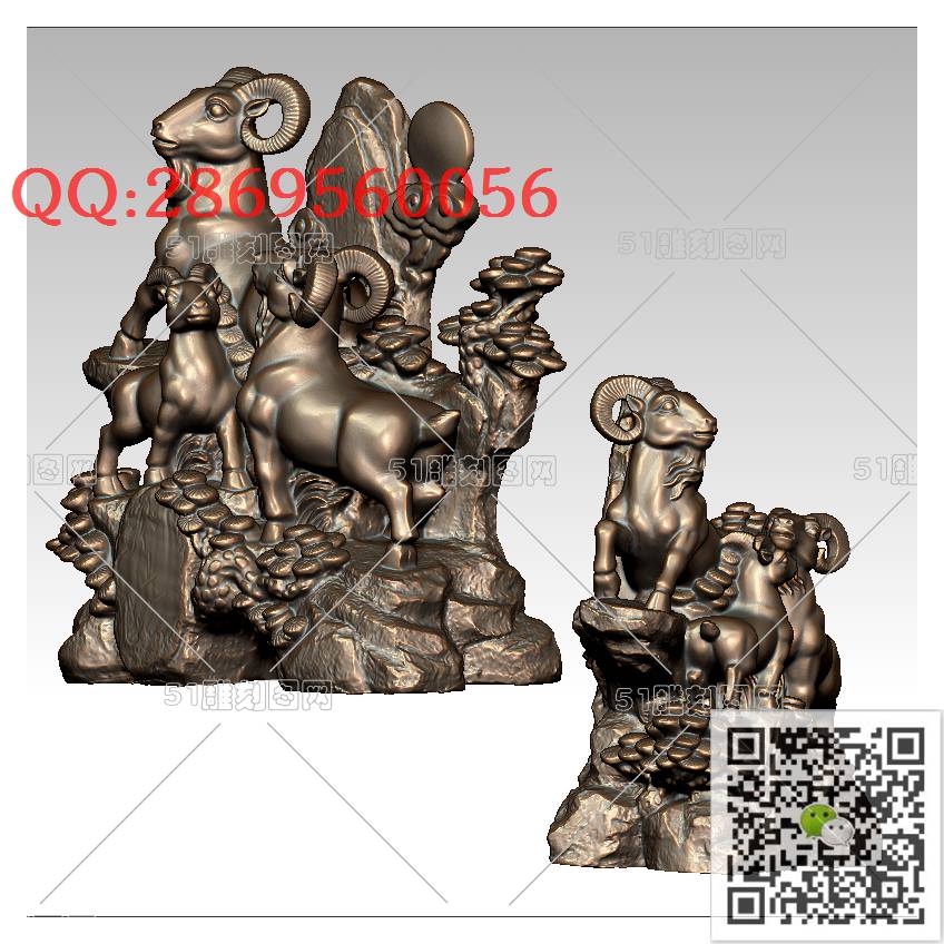 LDK-007三羊开泰_十二生肖羊摆件圆雕图stl立体模型3d打印四轴数控雕刻精雕图浮雕图