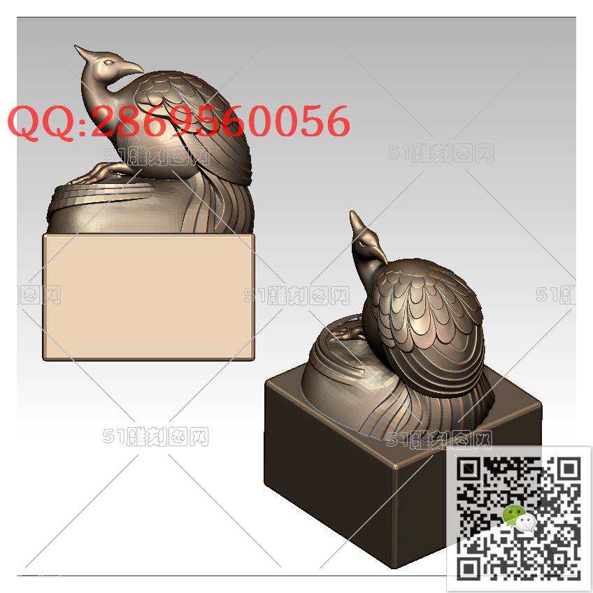 LDL-014凤凰印章_龙柱龙凤盘龙凤凰圆雕图stl立体模型3d打印四轴数控雕刻精雕图浮雕图