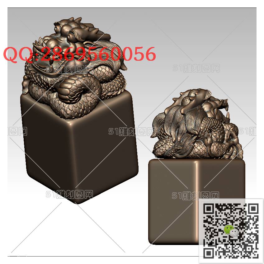 LDL-017盘龙印章_龙柱龙凤盘龙凤凰圆雕图stl立体模型3d打印四轴数控雕刻精雕图浮雕图