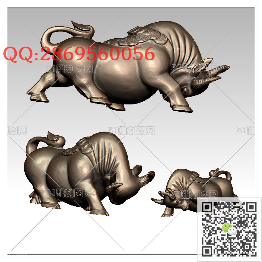 LDN-003金钱如意牛圆雕_牛摆件牛气冲天圆雕图stl立体模型3d打印四轴数控雕刻精雕图浮雕图