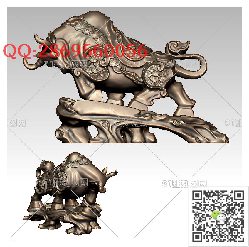 LDN-013发财牛摆件_牛摆件牛气冲天圆雕图stl立体模型3d打印四轴数控雕刻精雕图浮雕图