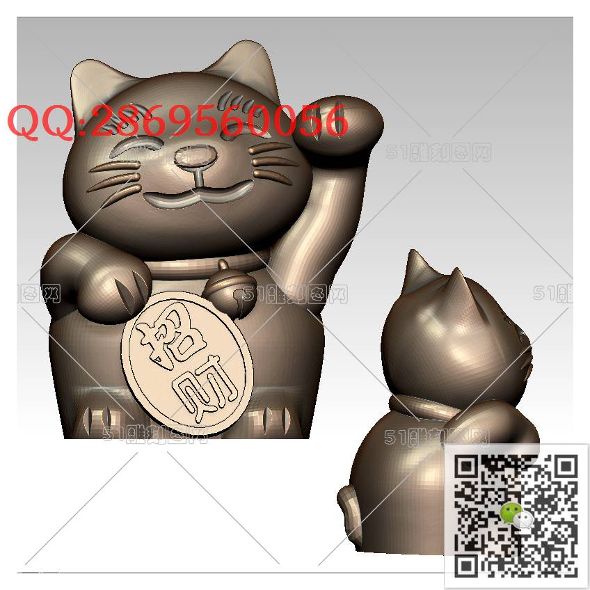 LDQT-012招财猫_可爱动物圆雕图动物挂件stl立体模型3d打印四轴数控雕刻精雕图浮雕图