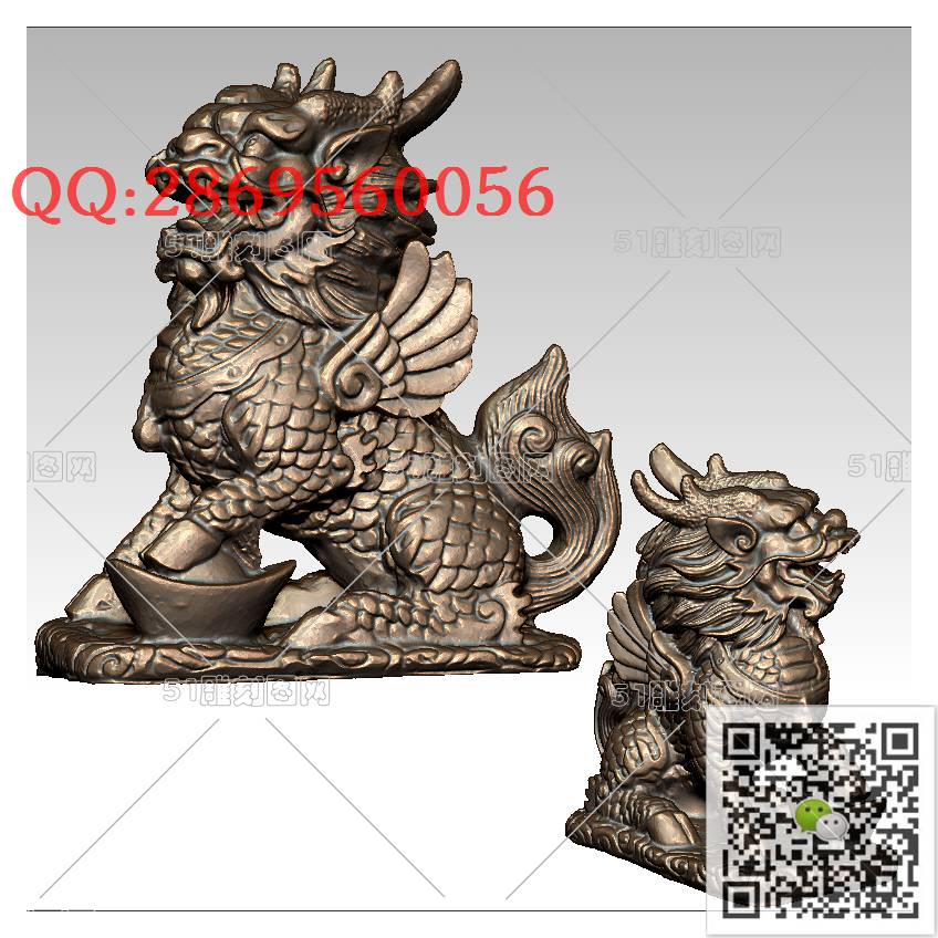 LDQ-001送宝麒麟_麒麟圆雕图麒麟摆件stl立体模型3d打印四轴数控雕刻精雕图浮雕图