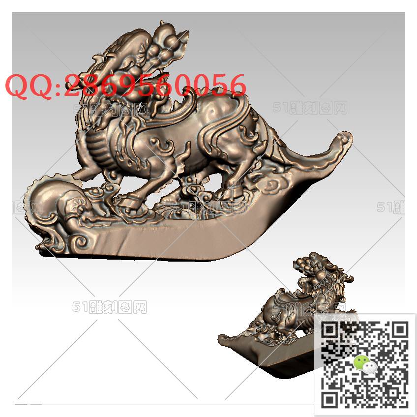 LDQ-004麒麟_麒麟圆雕图麒麟摆件stl立体模型3d打印四轴数控雕刻精雕图浮雕图