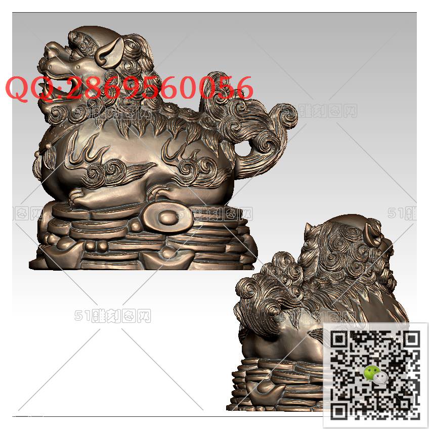 LDS-010元宝招财狮子摆件_狮子圆雕图狮子门墩抱鼓石stl立体模型3d打印四轴数控雕刻精雕图浮雕图