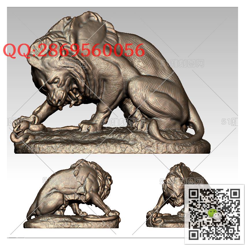LDS-026狮子捕蛇_狮子圆雕图狮子门墩抱鼓石stl立体模型3d打印四轴数控雕刻精雕图浮雕图