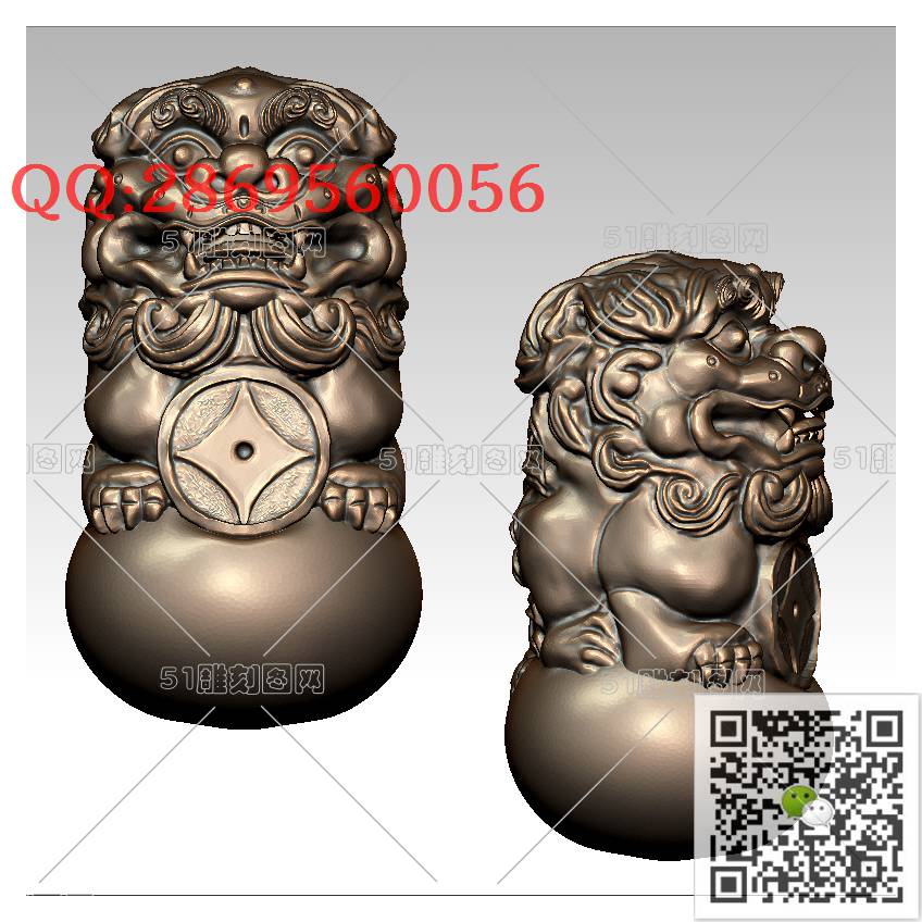LDS-030招财狮子把件_狮子圆雕图狮子门墩抱鼓石stl立体模型3d打印四轴数控雕刻精雕图浮雕图