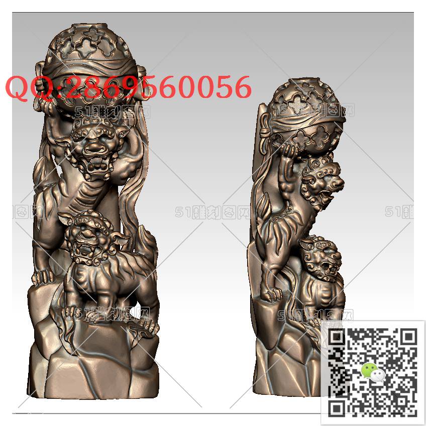 LDS-031双狮舞绣球_狮子圆雕图狮子门墩抱鼓石stl立体模型3d打印四轴数控雕刻精雕图浮雕图