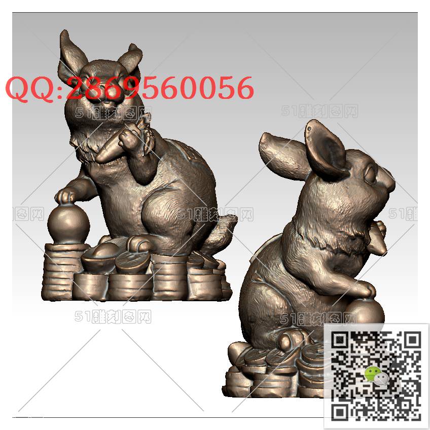 LDT-003招财兔子_立体兔子圆雕图生肖兔stl立体模型3d打印四轴数控雕刻精雕图浮雕图