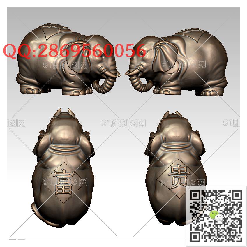 LDX-004富贵象手把件两个_大象圆雕图立体象stl立体模型3d打印四轴数控雕刻精雕图浮雕图