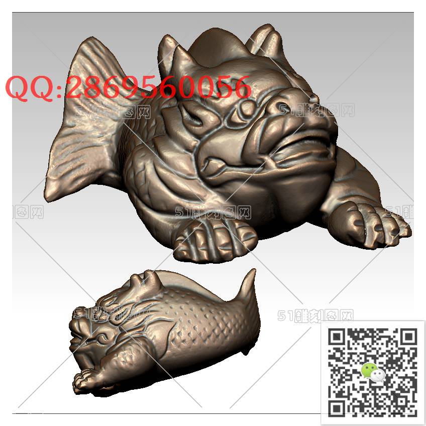 LDY-003龙鱼手把件_鲤鱼圆雕图立体鱼stl立体模型3d打印四轴数控雕刻精雕图浮雕图