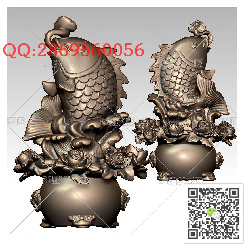 LDY-005鸿运有余_鲤鱼圆雕图立体鱼stl立体模型3d打印四轴数控雕刻精雕图浮雕图