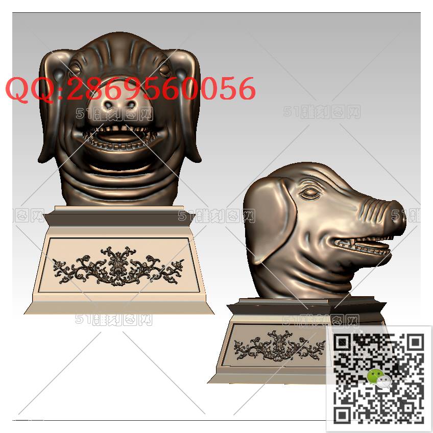 LDZ-008圆明园兽首猪头摆件_富贵猪圆雕图立体猪生肖猪stl立体模型3d打印四轴数控雕刻精雕图浮雕图
