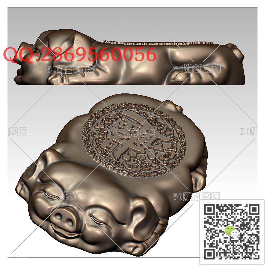 LDZ-011日进斗金小猪茶壶垫_富贵猪圆雕图立体猪生肖猪stl立体模型3d打印四轴数控雕刻精雕图浮雕图