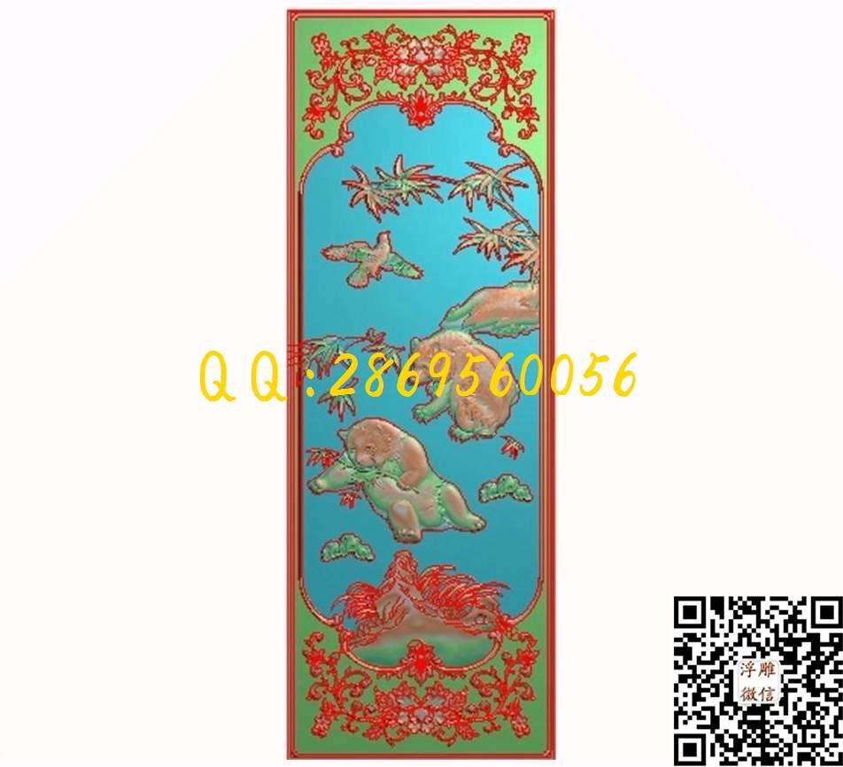 熊猫顶箱柜大门板401-1095_动物大门背板靠背精雕图浮雕图