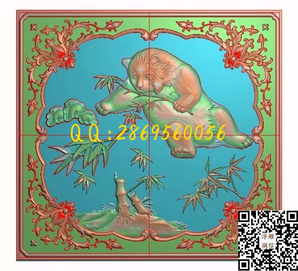 熊猫顶箱柜小门板391-368_动物大门背板靠背精雕图浮雕图