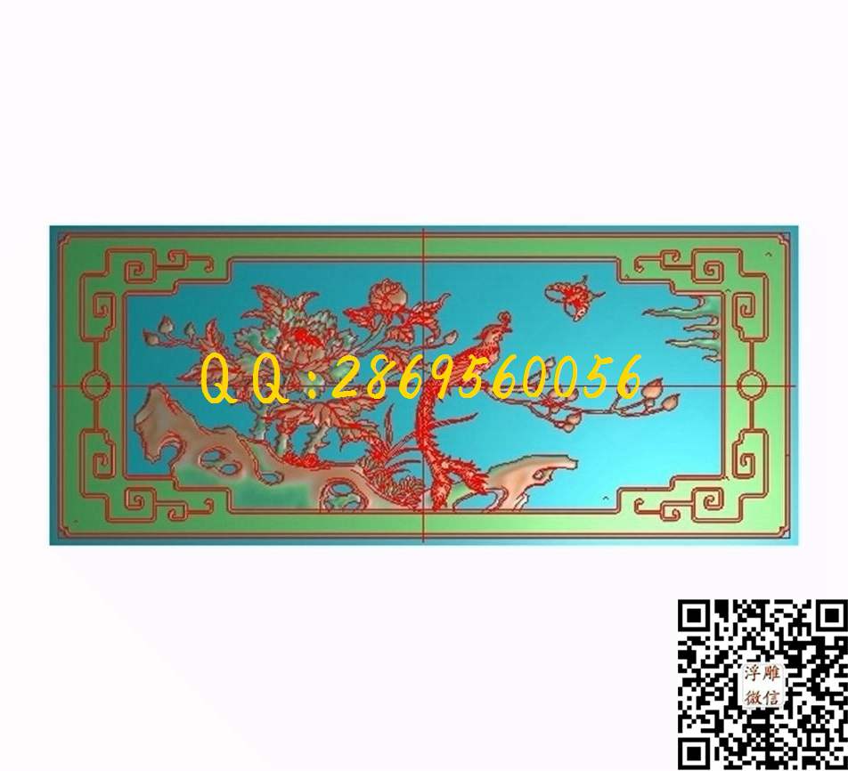 横板仿古凤凰牡丹549-255_花草精雕图四季花鸟门板背板沙发背板回纹拐子纹边框精雕图浮雕图