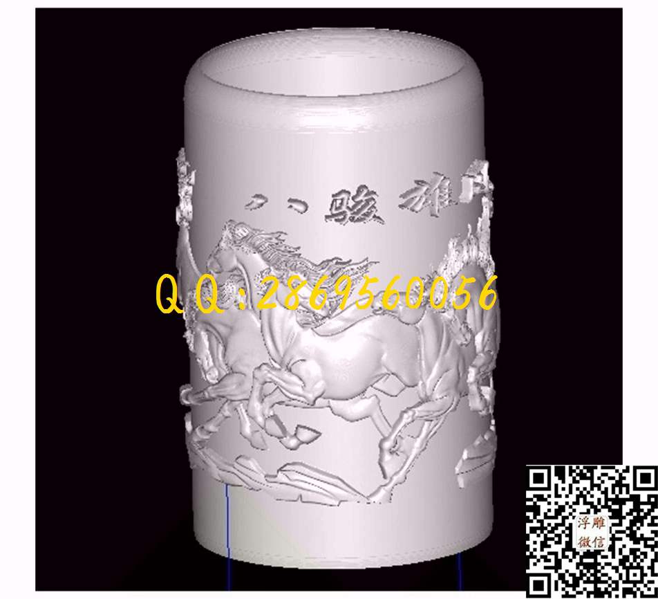 八骏雄风笔筒_STL立体模型圆雕图立体浮雕3d电脑雕刻打印四轴多轴雕刻精雕图浮雕图