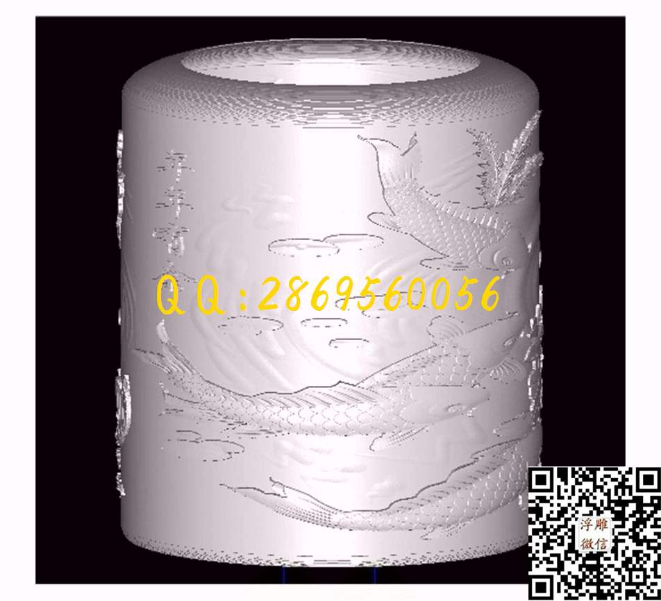 年年有余笔筒_STL立体模型圆雕图立体浮雕3d电脑雕刻打印四轴多轴雕刻精雕图浮雕图