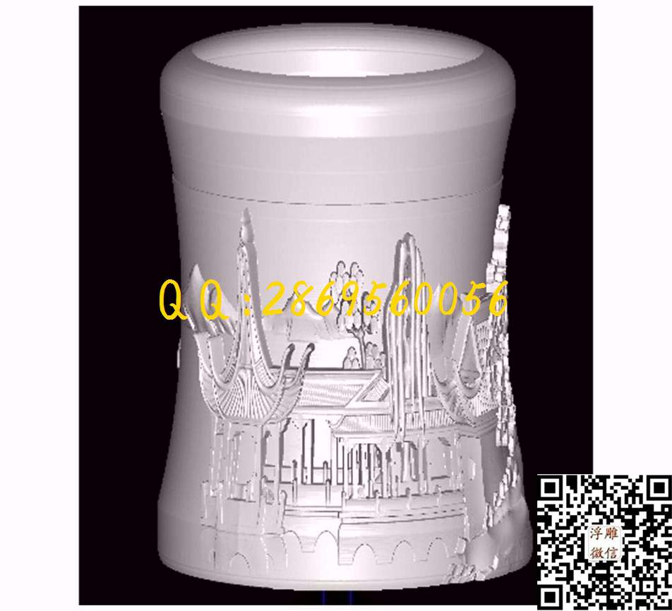 楼台山水笔筒_STL立体模型圆雕图立体浮雕3d电脑雕刻打印四轴多轴雕刻精雕图浮雕图