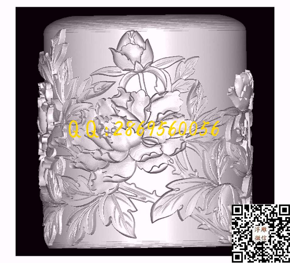 牡丹戏鸟图笔筒_STL立体模型圆雕图立体浮雕3d电脑雕刻打印四轴多轴雕刻精雕图浮雕图