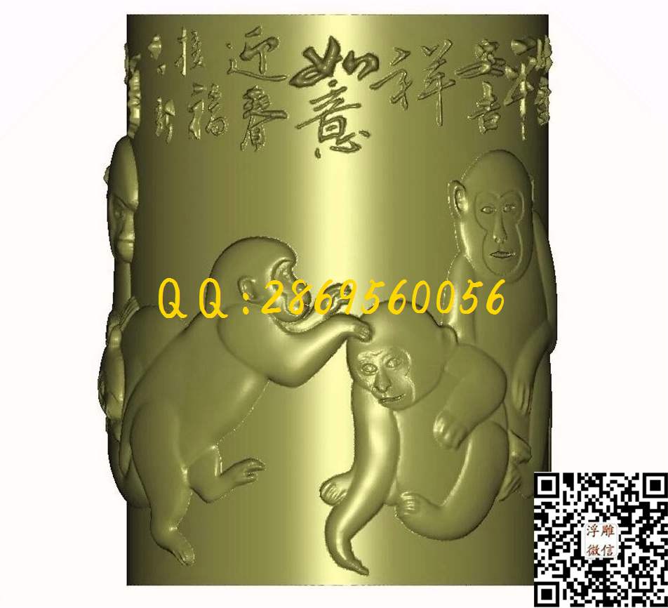 猴子笔筒_STL立体模型圆雕图立体浮雕3d电脑雕刻打印四轴多轴雕刻精雕图浮雕图