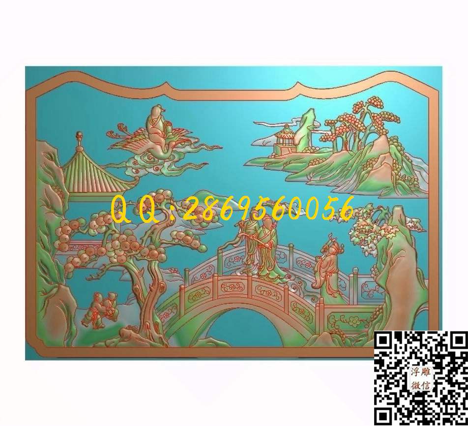 群仙493-347-5_山水神仙人物沙发背板精雕图浮雕图