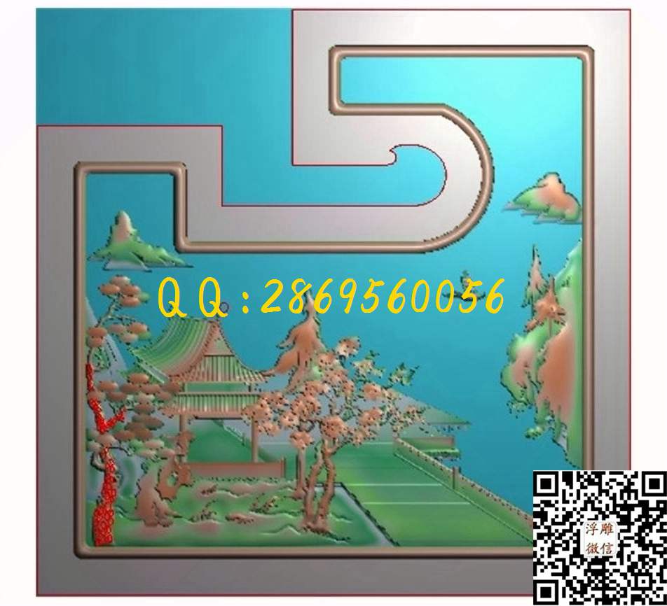 佣金山水床边351-347_山水风景围板屏风精雕图浮雕图