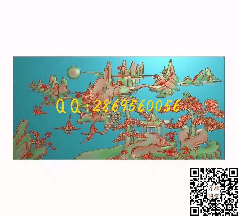 山水750-368-7_山水风景围板屏风精雕图浮雕图