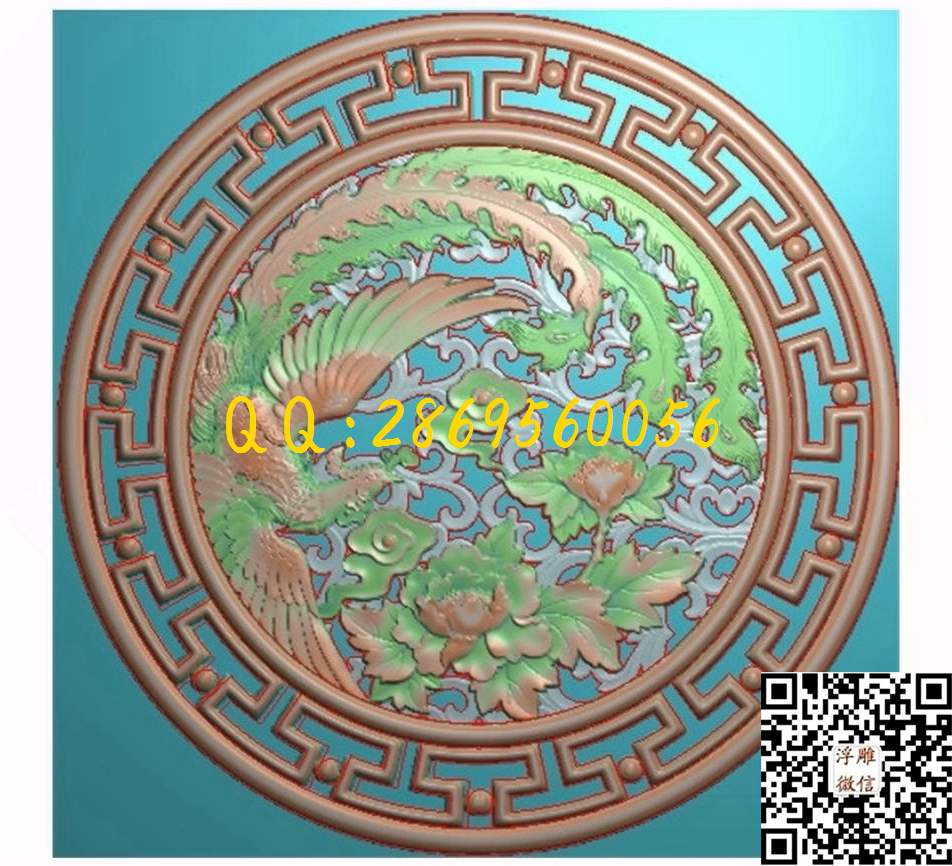 凤穿牡丹圆屏图592-592_花鸟四季花鸟浮雕图仿古花鸟精雕图浮雕图