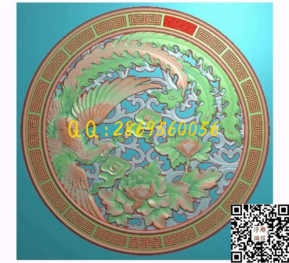 凤穿牡丹圆屏图593-593_花鸟四季花鸟浮雕图仿古花鸟精雕图浮雕图