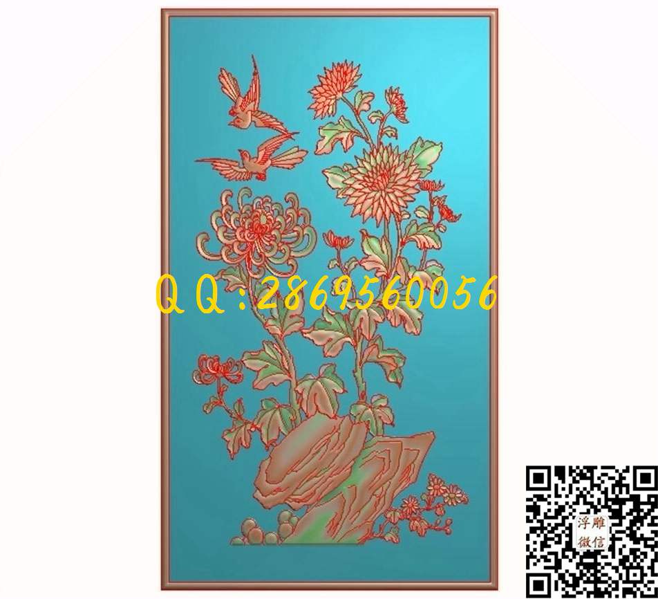 屏风菊花鸟444-766_花鸟四季花鸟浮雕图仿古花鸟精雕图浮雕图