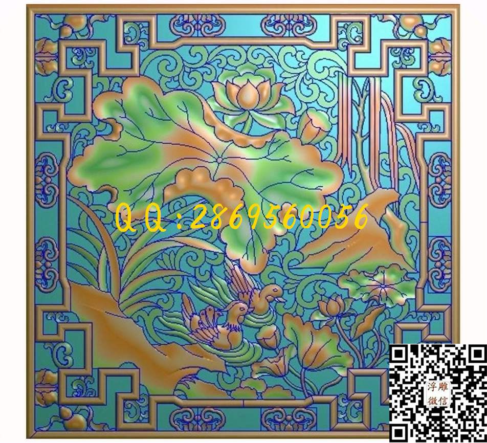 荷花鸳鸯窗花703-703-7_花鸟四季花鸟浮雕图仿古花鸟精雕图浮雕图